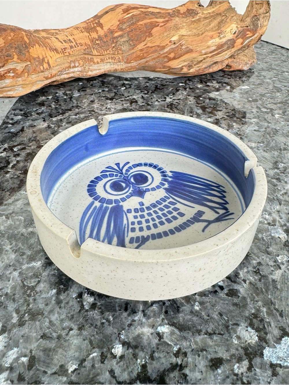Vintage Speckled Owl Blue & White Ceramic Ashtray 5” Handcrafted Trinket Dish